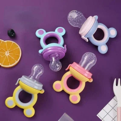 grignoteuse pour bébé en plusieurs couleurs, vues ensemble avec embouts en silico