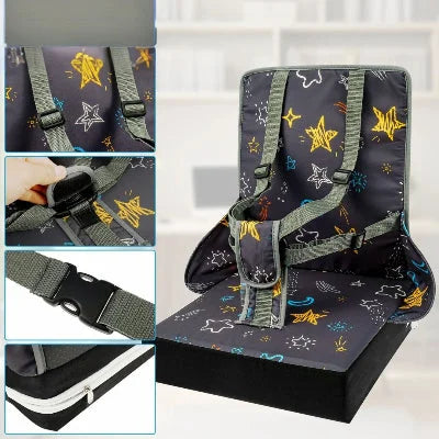 Gros plan sur les sangles réglables et fermetures du coussin réhausseur enfant, sécurité renforcée pour chaise bébé table.