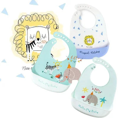 Lot de bavoirs silicone MiniMiam TrioBib avec différents motifs ludiques pour bébé