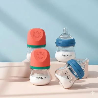 Lot de 4 biberons en verre avec système anti-colique, tétine physiologique souple et bouchons colorés — parfaits pour l’allaitement mixte et les repas de bébé en toute sérénité.
