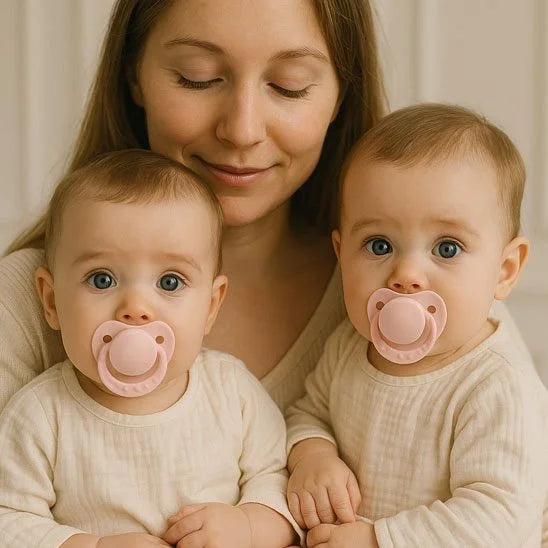 Maman avec ses jumeaux utilisant chacun une tétine rose, douceur et harmonie familiale