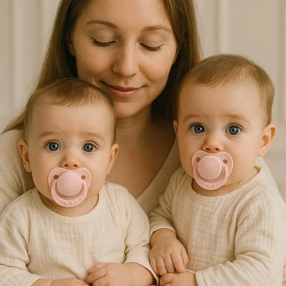 Maman avec ses jumeaux utilisant chacun une tétine rose, douceur et harmonie familiale