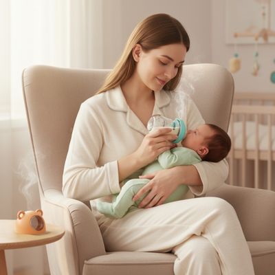 Maman nourrissant son bébé avec un biberon en verre incassable bleu dans une chambre apaisante.