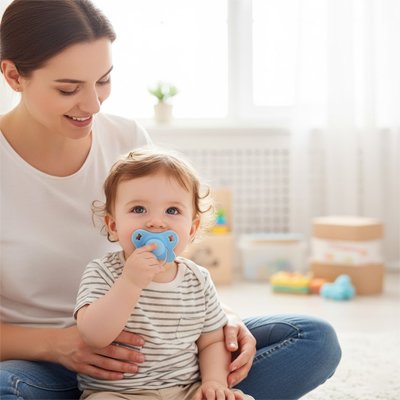 Maman et bébé partageant un moment de complicité, bébé apaisé avec sa tétine bleue en silicone
