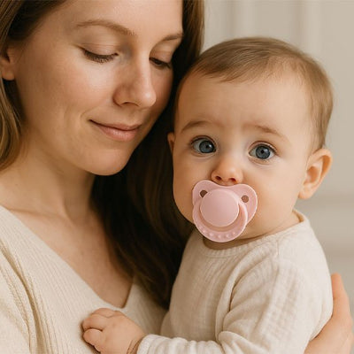 Maman tenant son bébé avec une tétine rose en silicone alimentaire, instant de complicité et de réconfort