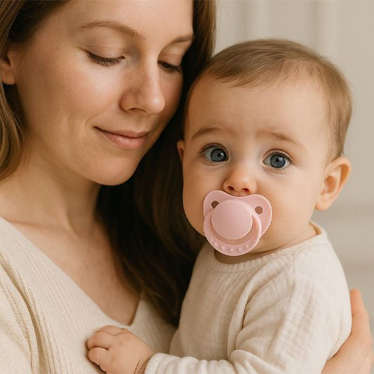 Maman tenant son bébé avec une tétine rose en silicone alimentaire, instant de complicité et de réconfort