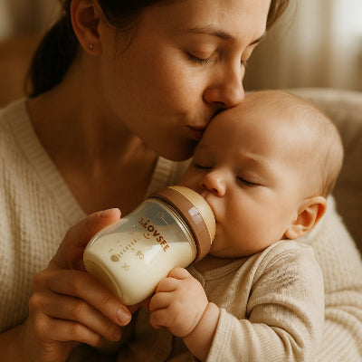 Maman donnant le meilleur biberon anti colique en verre à son bébé, favorisant une tétée confortable.