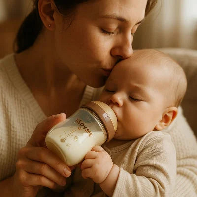 Maman donnant le meilleur biberon anti colique en verre à son bébé, favorisant une tétée confortable.
