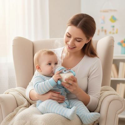 Maman nourrit son bébé au biberon anti-colique bleu, ambiance douce et chaleureuse
