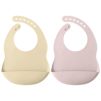 Lot de deux bavoirs bébé imperméables en silicone avec poche récupératrice, coloris crème et rose poudré
