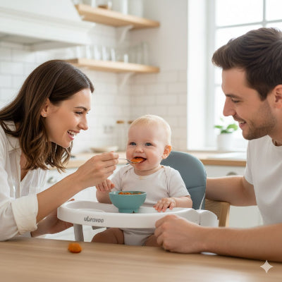 Bébé nourri à la cuillère dans un rehausseur chaise pliable gris bleu, attaché avec harnais de sécurité, parfait comme chaise rehausseur enfant pratique pour la maison et les repas familiaux.