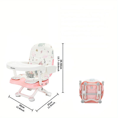 Rehausseur chaise bébé pliable compact avec dimensions détaillées, hauteur réglable de 35 à 50 cm et pliage ultra-fin pour un transport facile.
