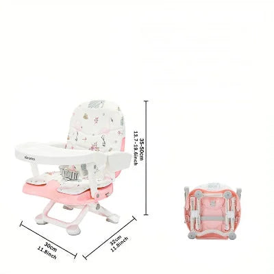 Rehausseur chaise bébé pliable compact avec dimensions détaillées, hauteur réglable de 35 à 50 cm et pliage ultra-fin pour un transport facile.