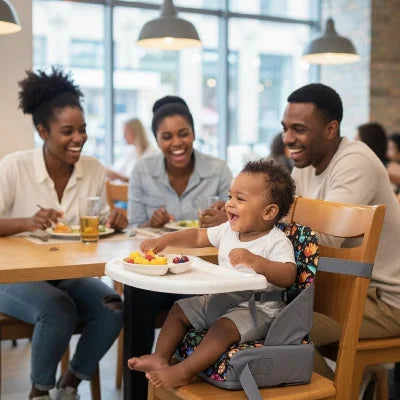 Bébé installé dans un rehausseur chaise pliable au restaurant, riant avec ses parents, chaise nomade pratique comme rehausseur de table pour bébé.