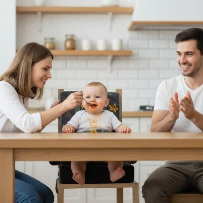 Bébé installé sur un rehausseur de chaise bébé avec coussin réhausseur coloré, mangeant avec ses parents autour de la table de cuisine.