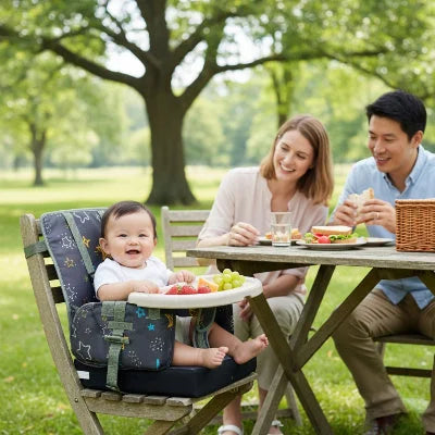 Bébé assis sur un coussin réhausseur enfant utilisé en extérieur, repas en famille sur table de jardin avec fruits frais.