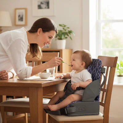 Bébé assis dans un rehausseur de chaise pour bébé motif géométrique, nourri par sa maman dans une cuisine lumineuse, repas sécurisé et confortable.