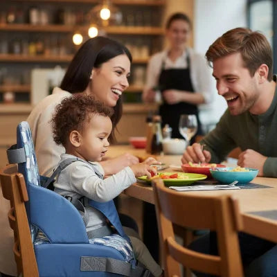 Rehausseur de chaise pour bébé gris clair, dossier imprimé moderne, harnais ajustable pour transformer une chaise classique en chaise bébé sur table.