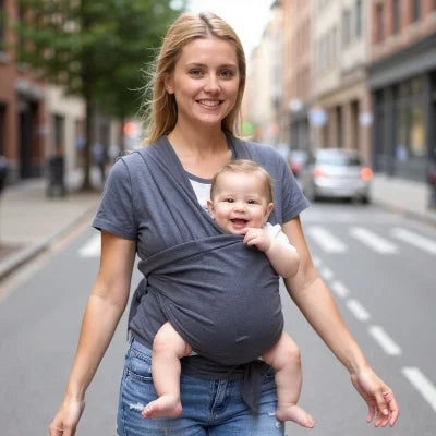 Jeune maman en promenade avec son bébé en écharpe de portage violette, profitant d’un moment de liberté en extérieur tout en maintenant le lien peau à peau.