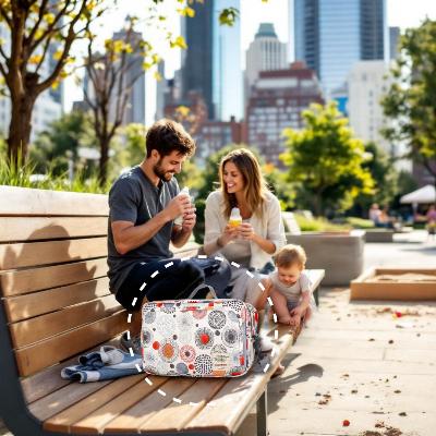 sac à langer bébé HappyNest™ Urban Dots, compagnon idéal pour des moments de détente en ville avec votre bébé, pratique et esthétique.