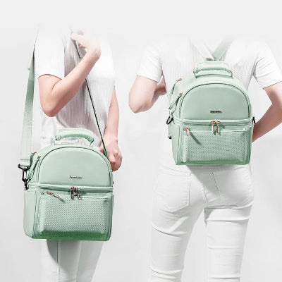 Présentation du sac isotherme Bebe porté en sac à dos et en bandoulière, offrant 3 modes de portage pour plus de flexibilité.

