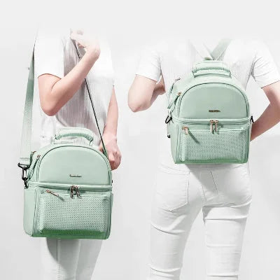 Présentation du sac isotherme Bebe porté en sac à dos et en bandoulière, offrant 3 modes de portage pour plus de flexibilité.

