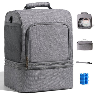 sac isotherme bébé gris élégant avec deux compartiments amovibles, glacières incluses et bande de transport, parfait pour transporter biberons, tire-lait et repas

