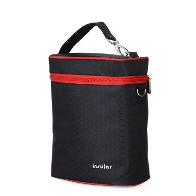 Sac isotherme Bebe noir avec détails rouges contrastants, format vertical pour deux biberons, idéal pour les sorties, la crèche ou les voyages.