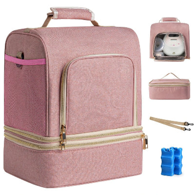 sac isotherme bébé coloris rose avec double compartiment, glacière fournie, bandoulière détachable et espace dédié pour tire-lait et conservation du lait

