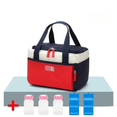 sac isotherme Bebe rouge et bleu marine avec flacons et blocs froids, conçu pour garder les repas de bébé à température idéale en voyage