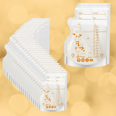 Pack de 100 sachets de conservation de lait maternel sur fond jaune doux, avec sécurité alimentaire et usage en crèche ou voyage.