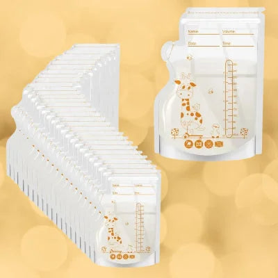 Pack de 100 sachets de conservation de lait maternel sur fond jaune doux, avec sécurité alimentaire et usage en crèche ou voyage.