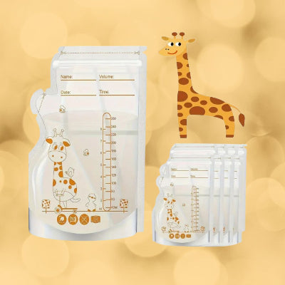 Sachet allaitement bébé avec illustration girafe, graduations claires et lot visible en arrière-plan, pratique pour stockage à plat.