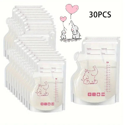 Sachet conservation lait maternel en lot de 30 unités, avec bec verseur sécurisé et graduation, idéal pour stocker et nourrir bébé sans fuite.
