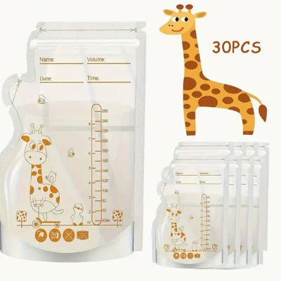 30 sachets conservation lait maternel à motif girafe avec graduation précise, fermeture hermétique et zone d’écriture visible.