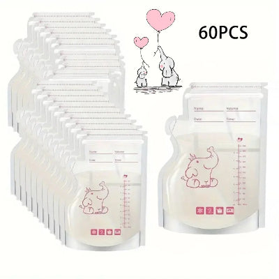Lot de 60 sachets conservation lait maternel avec design éléphant et double zip hermétique, parfait pour congélation et transport
