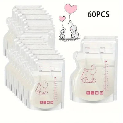 Lot de 60 sachets conservation lait maternel avec design éléphant et double zip hermétique, parfait pour congélation et transport