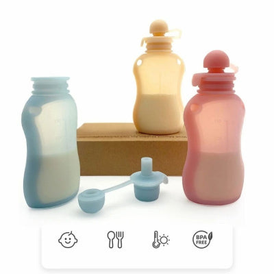 Lot de sachets conservation lait maternel multicolores avec bouchon paille, cuillère doseuse et boîte de rangement incluse.
