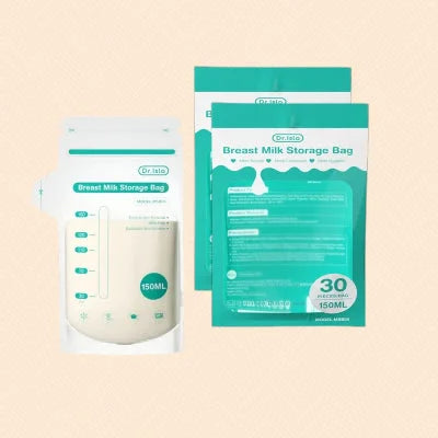 Vue avant et arrière du sachet conservation lait maternel avec packaging, informations produit visibles, format économique 150 ml.

