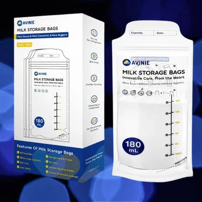 Coffret AVINIE™ contenant 30 sachets conservation lait maternel 180 ml, sans BPA, avec instructions d’usage et double ouverture visible.