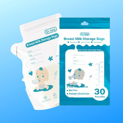 Vue du sachet conservation lait maternel et de son emballage en lot de 30 pièces, pratique pour un usage quotidien.