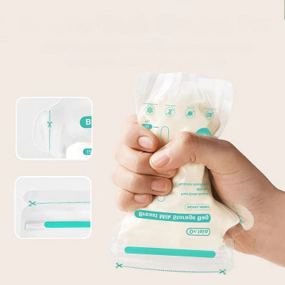 Sachet conservation lait maternel refermable avec double zip étanche, pressé à la main, préserve chaque goutte sans risque de fuite.
