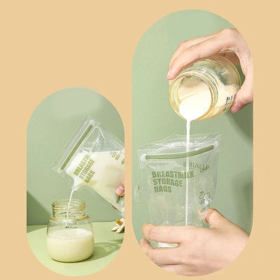 Remplissage et transfert de lait maternel entre un pot et un sachet conservation grâce à son ouverture large et son zip hermétique.