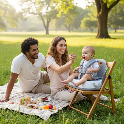 Famille pique-nique avec bébé assis dans un siège repas bébé gris, réhausseur chaise enfant pliable pratique pour repas en extérieur.