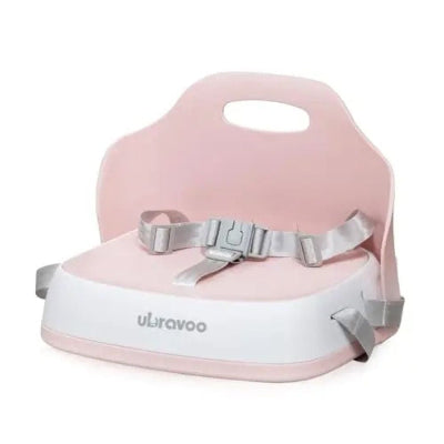 Siège repas bébé rose poudré pliable, réhausseur chaise enfant stable avec ceinture de sécurité pour repas confortables à la maison ou en déplacement.