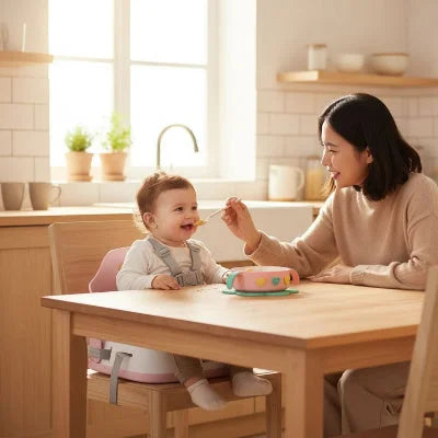 Maman nourrissant son bébé assis dans un siège repas bébé pliable rose, réhausseur chaise enfant sécurisé pour repas en famille à la maison.