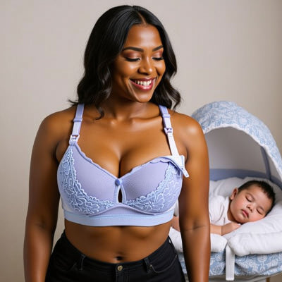 Maman souriante portant un soutien gorge d’allaitement bleu ciel Lace Embrace™ avec dentelle florale et clips d’allaitement pratiques, debout près d’un berceau où dort son bébé.