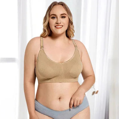  Vue avant du soutien-gorge d’allaitement grande taille beige, galbant et sans armature.