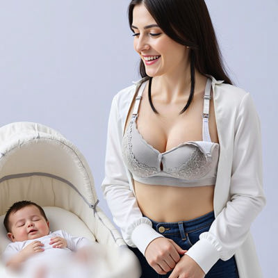 Maman habillée d’un gilet blanc ouvert dévoilant un soutien gorge d’allaitement gris perle Lace Embrace™ avec bretelles ajustables, regardant tendrement son bébé qui dort dans un couffin beige.