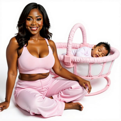Jeune maman habillée en rose pastel avec un soutien gorge d’allaitement Lace Embrace™ assise à côté de son bébé endormi dans un couffin assorti, illustrant l’élégance et la douceur du soutien pour l’allaitement quotidien.